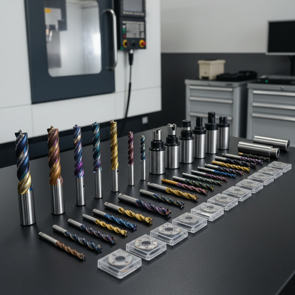 An immaculate display of CNC cutting tools laid out on a dark, matte workbench: solid carbide end mills, drills, reamers, inserts, and tool holders arranged in precise rows. Each tool shows distinct textures, from mirror-polished flutes to coated, iridescent cutting edges. Overhead diffused lighting creates subtle highlights along the spiral flutes and cylindrical shafts, with soft shadows adding depth. In the background, slightly out of focus, a modern VMC machine and storage cabinets hint at an advanced machining environment. The composition uses a shallow depth of field and centered focus on the tools, in clean, photographic realism, conveying a professional, catalog-like mood suitable for Ussar Technology’s product-focused pages.
