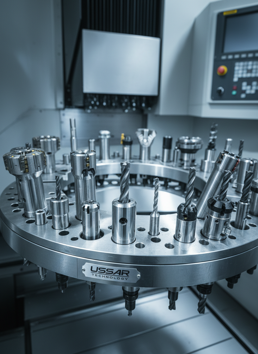A close-up, macro-style view of a CNC tool changing carousel inside a vertical machining center, filled with various precision tools: face mills, boring bars, collet chucks, and drill holders. The metal surfaces are clean and finely machined, with subtle reflections along the circular magazine. Cool, controlled artificial lighting from above emphasizes the geometry of each tool pocket, creating intricate highlights and layered shadows between the holders. The background fades into soft blur, focusing attention on the mechanical complexity. Shot from a low, upward angle to convey robustness and engineering sophistication, in highly detailed photographic realism. The atmosphere is precise, technical, and professional, illustrating the advanced tooling capabilities supported by Ussar Technology.