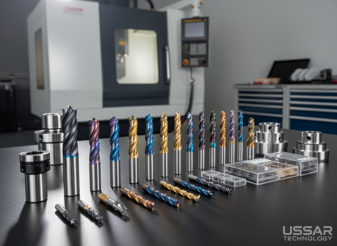 An immaculate display of CNC cutting tools laid out on a dark, matte workbench: solid carbide end mills, drills, reamers, inserts, and tool holders arranged in precise rows. Each tool shows distinct textures, from mirror-polished flutes to coated, iridescent cutting edges. Overhead diffused lighting creates subtle highlights along the spiral flutes and cylindrical shafts, with soft shadows adding depth. In the background, slightly out of focus, a modern VMC machine and storage cabinets hint at an advanced machining environment. The composition uses a shallow depth of field and centered focus on the tools, in clean, photographic realism, conveying a professional, catalog-like mood suitable for Ussar Technology’s product-focused pages.