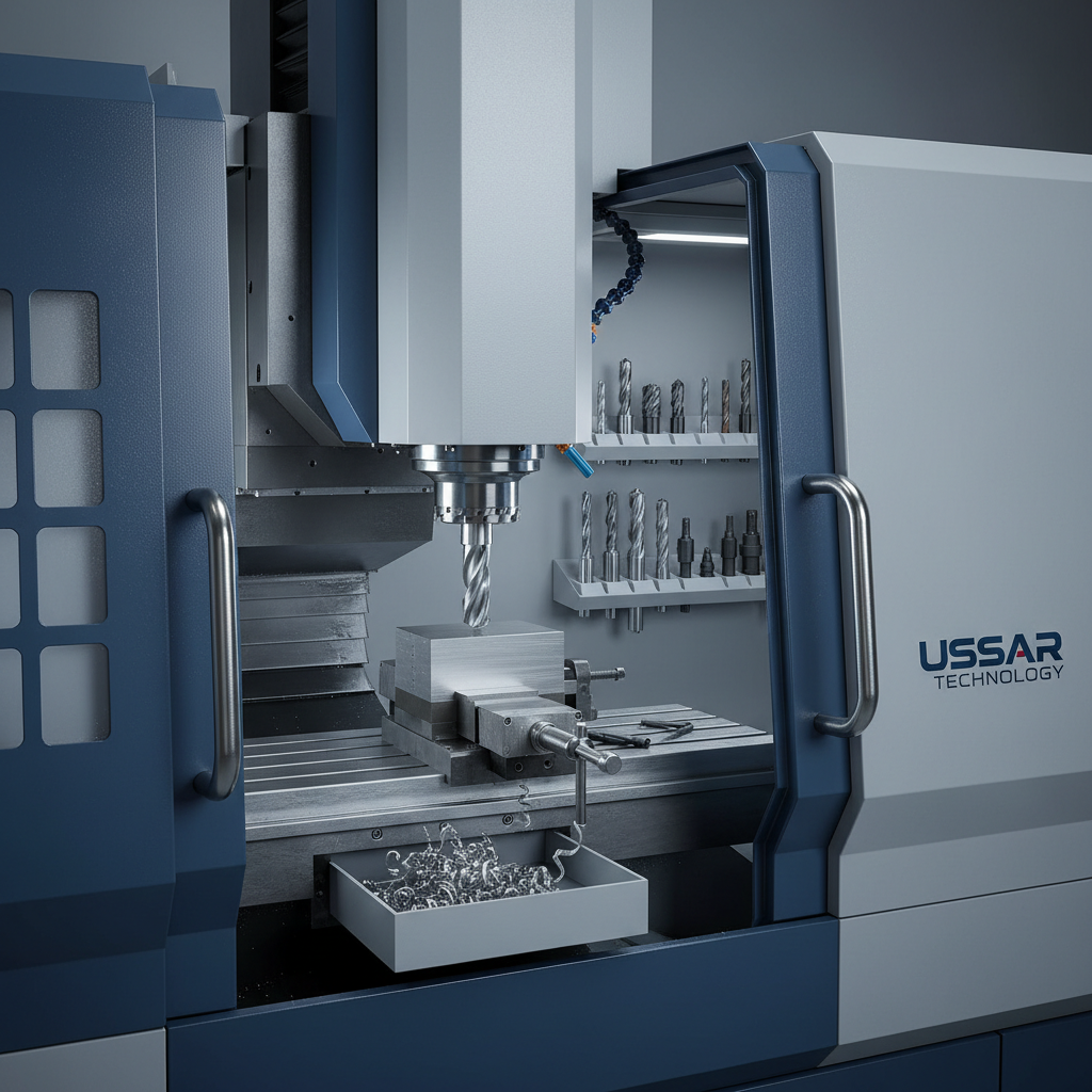 A high-precision CNC machining center in pristine condition, its metallic body finished in cool gray and deep blue accents, dominates a clean industrial workshop. The machine’s spindle head holds a gleaming carbide end mill poised over an aluminum workpiece, with fine metal shavings neatly collected in trays below. Soft, even studio-style lighting highlights the sharp edges of the tooling and polished machine surfaces, casting crisp but controlled shadows. In the blurred background, organized racks of cutting tools and chucks suggest a well-equipped facility. The composition is eye-level with a slight three-quarter angle, photographic realism, professional and technical in mood, ideal as a hero image for Ussar Technology’s machining tools website.