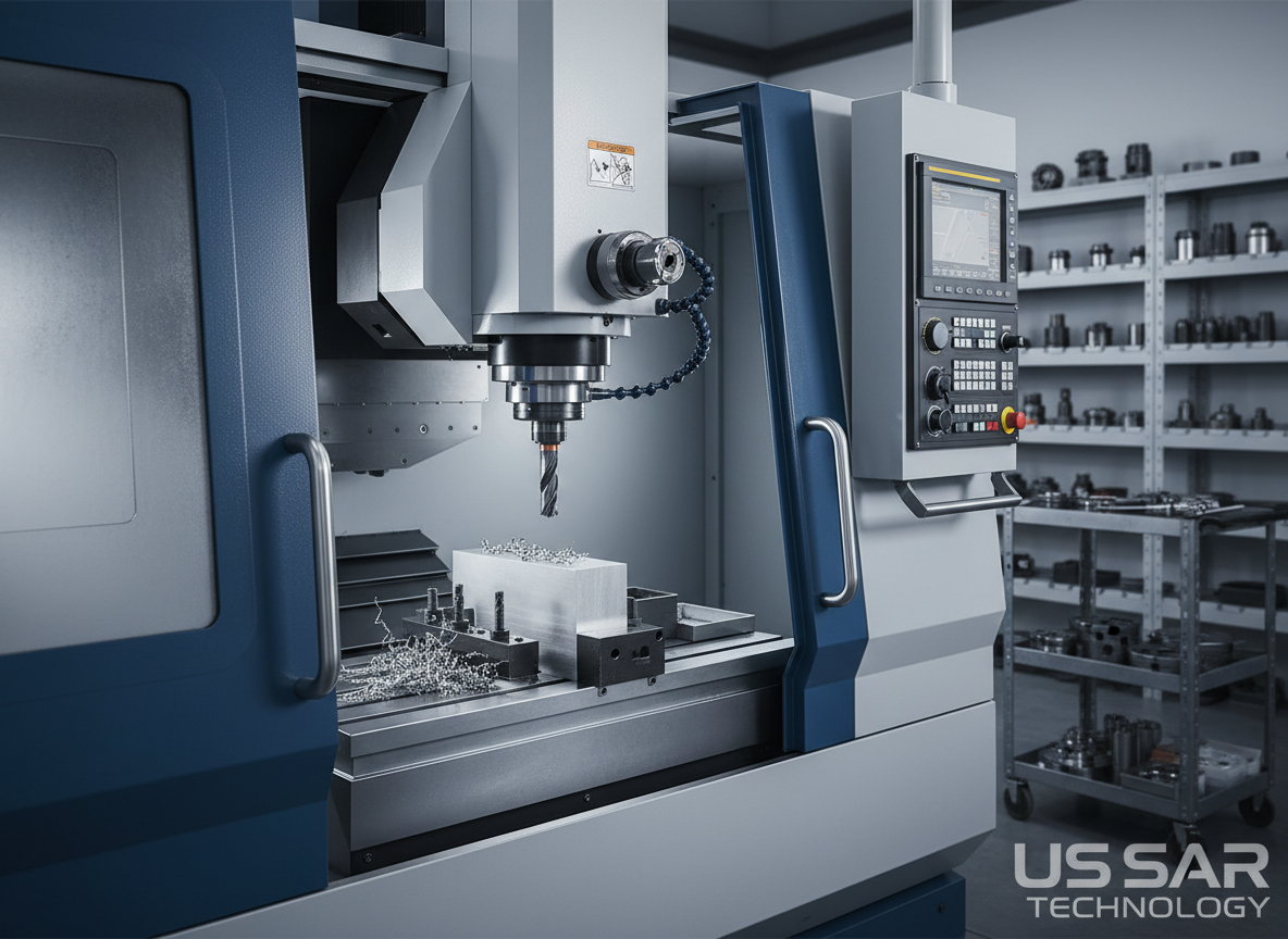 A high-precision CNC machining center in pristine condition, its metallic body finished in cool gray and deep blue accents, dominates a clean industrial workshop. The machine’s spindle head holds a gleaming carbide end mill poised over an aluminum workpiece, with fine metal shavings neatly collected in trays below. Soft, even studio-style lighting highlights the sharp edges of the tooling and polished machine surfaces, casting crisp but controlled shadows. In the blurred background, organized racks of cutting tools and chucks suggest a well-equipped facility. The composition is eye-level with a slight three-quarter angle, photographic realism, professional and technical in mood, ideal as a hero image for Ussar Technology’s machining tools website.