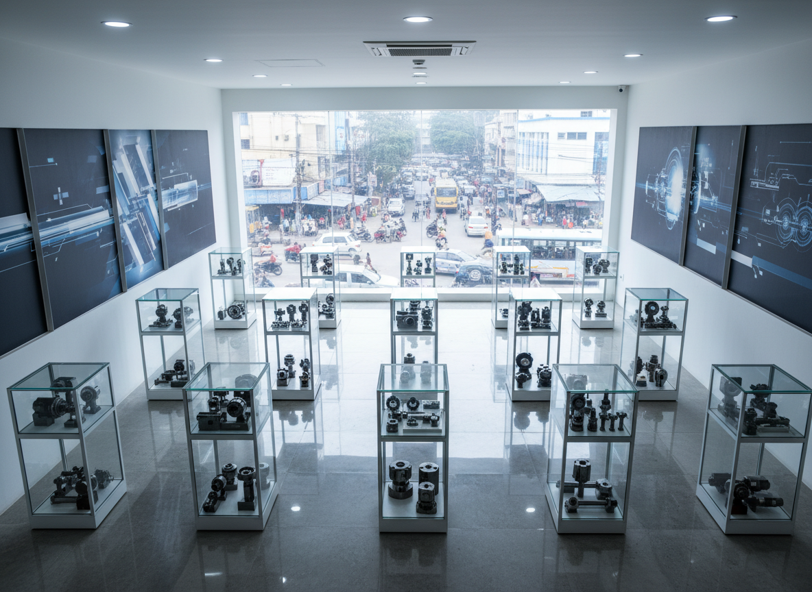 A wide, photographic view of a polished showroom-style space on an upper floor above a busy urban street, subtly suggesting the Tambaram Bus Stand area through blurred traffic and buses seen outside large windows. Inside, freestanding display pedestals showcase organized sets of CNC and VMC machining tools in illuminated glass cases, their metallic finishes gleaming under focused spotlights. Wall-mounted, non-text graphic panels echo the bold geometry of the Ussar Technology brand. The lighting is bright and professional, with crisp reflections and clean shadows. Captured from a slightly elevated angle for a comprehensive overview, the atmosphere feels trustworthy, modern, and business-ready, ideal for conveying Ussar Technology’s physical location and professional showroom environment.