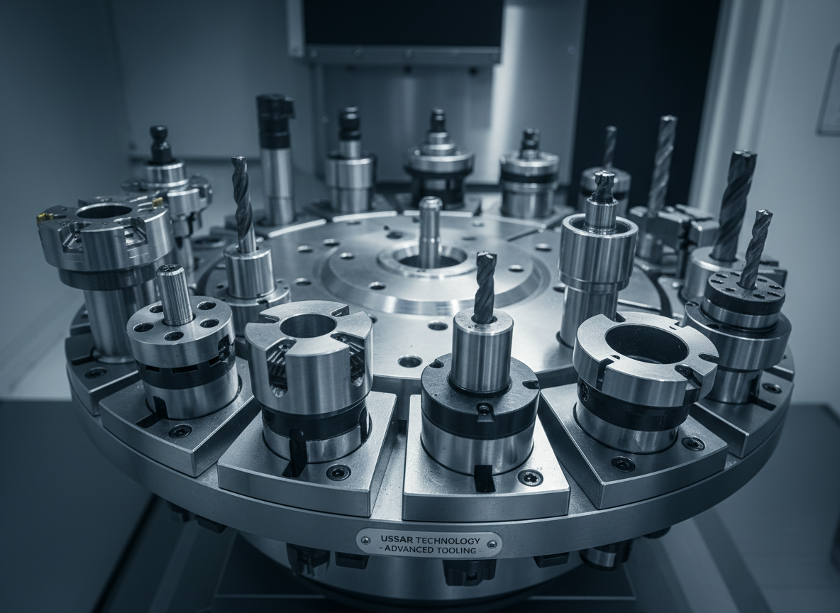 A close-up, macro-style view of a CNC tool changing carousel inside a vertical machining center, filled with various precision tools: face mills, boring bars, collet chucks, and drill holders. The metal surfaces are clean and finely machined, with subtle reflections along the circular magazine. Cool, controlled artificial lighting from above emphasizes the geometry of each tool pocket, creating intricate highlights and layered shadows between the holders. The background fades into soft blur, focusing attention on the mechanical complexity. Shot from a low, upward angle to convey robustness and engineering sophistication, in highly detailed photographic realism. The atmosphere is precise, technical, and professional, illustrating the advanced tooling capabilities supported by Ussar Technology.