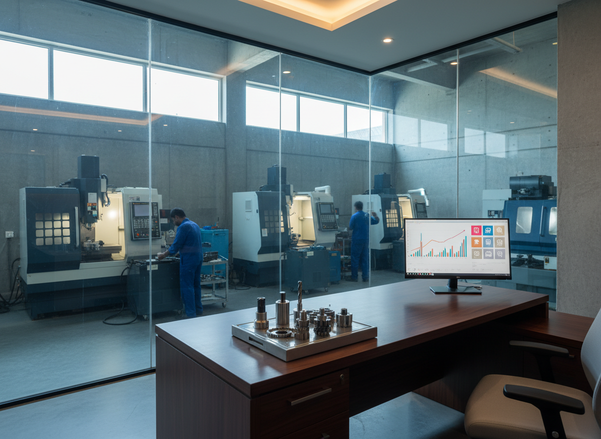 A modern industrial office corner overlooking a glass-partitioned workshop floor in Tambaram, with CNC and VMC machines visible through the windows. A sleek, dark desk holds sample machining tools carefully displayed on a brushed metal tray, next to a large monitor showing abstract graphs and order icons, subtly hinting at integration with online platforms like Amazon without any visible logos or text. Neutral, cool daylight floods through high windows, balanced by soft overhead lighting, creating a calm, professional tone. The composition is captured at eye level with balanced framing between office and shop floor, in realistic, corporate photography style, suggesting Ussar Technology’s physical presence and organized operations near Tambaram Bus Stand.