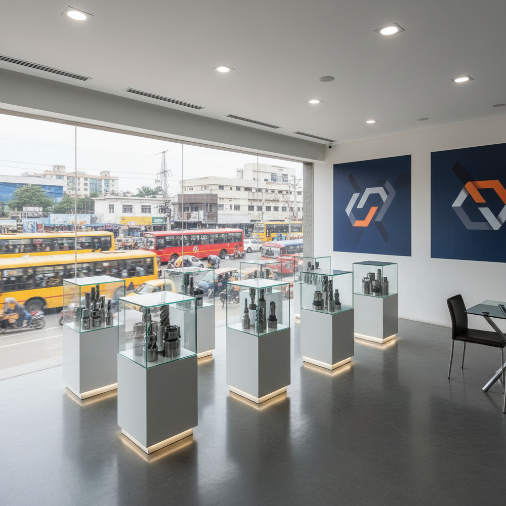 A wide, photographic view of a polished showroom-style space on an upper floor above a busy urban street, subtly suggesting the Tambaram Bus Stand area through blurred traffic and buses seen outside large windows. Inside, freestanding display pedestals showcase organized sets of CNC and VMC machining tools in illuminated glass cases, their metallic finishes gleaming under focused spotlights. Wall-mounted, non-text graphic panels echo the bold geometry of the Ussar Technology brand. The lighting is bright and professional, with crisp reflections and clean shadows. Captured from a slightly elevated angle for a comprehensive overview, the atmosphere feels trustworthy, modern, and business-ready, ideal for conveying Ussar Technology’s physical location and professional showroom environment.